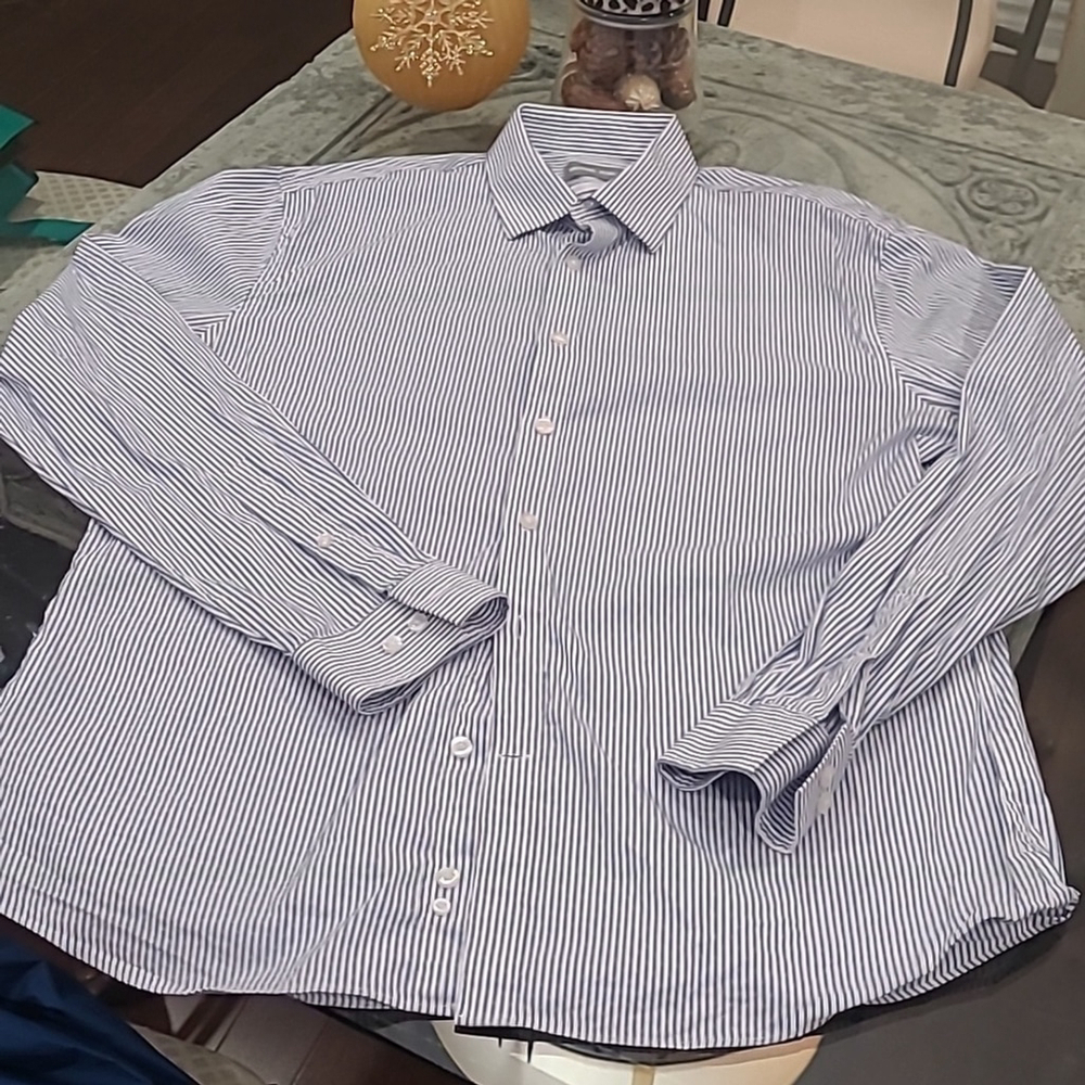 MICHAEL KORS MENS NAVY BLUE STRIPPED DRESS SHIRT LARGE LIKE NEW